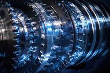 Close-up of intricate metallic gears, showcasing precision engineering and complex machinery.