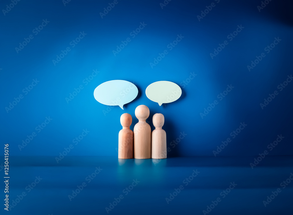 Poster three wooden figures stand on a blue surface with speech bubbles above them. symbolic representation