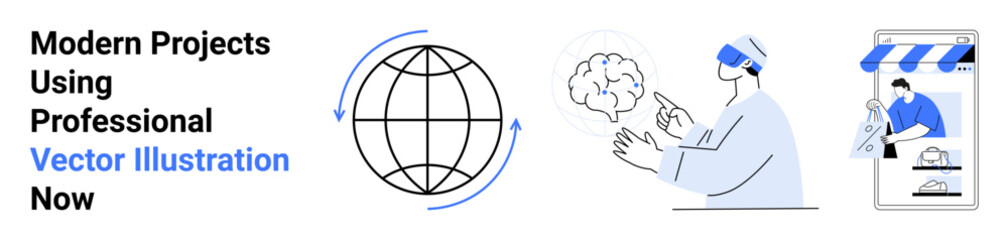 Global interconnectedness symbol, person in VR headset pointing to AI brain, digital storefront concept. Ideal for innovation, e-commerce, technology trends, artificial intelligence, virtual reality