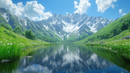 Fototapeta premium Serene alpine lake reflects snow-capped peaks and verdant meadows scenery