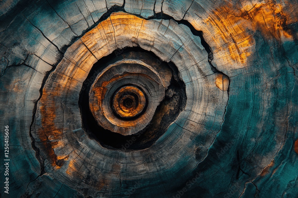 Poster a mesmerizing close-up of a tree's cross-section, revealing intricate rings and rich color variation
