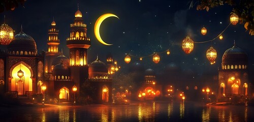 Ramadan Kareem Celebration peaceful Ramadan night with glowing lanterns, crescent moon, and Islamic architecture illuminated