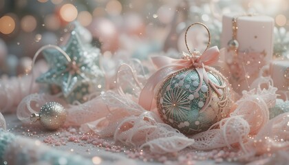 Shine bright this Christmas with peach pink, sage green glitter, decorations, jewelry, and festive gifts