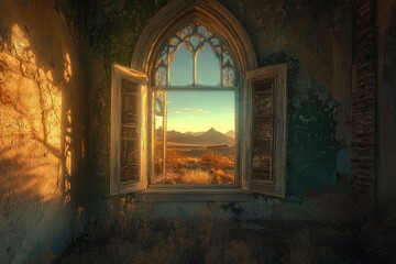 Sunlit landscape viewed through a decaying window of an abandoned building, casting shadows on the aged walls.