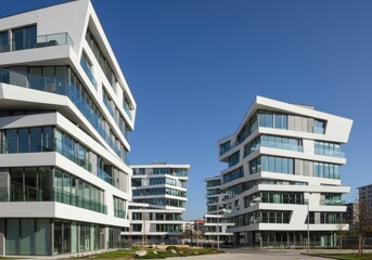 Modern apartment buildings, minimalist architecture, white facade, large windows, geometric shapes, urban living, contemporary design, clean lines