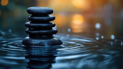 Obraz premium A serene scene featuring a stack of smooth black stones balanced atop one another,