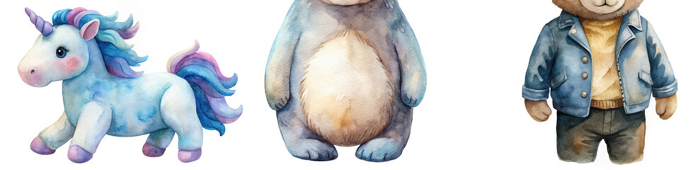 Cute watercolor animals, colorful unicorn, plush bear, stylish teddy outfit, playful children's art, whimsical design.