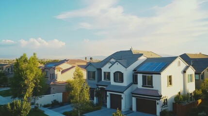 Residential neighborhood showcasing suburban homes with solar panels under a blue sky