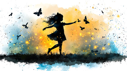 A girl is running through a field of butterflies. generated using AI