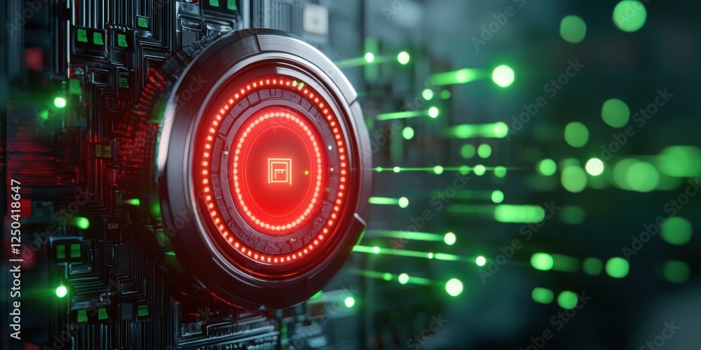 Poster abstract digital technology design with glowing red core surrounded by green circuit elements