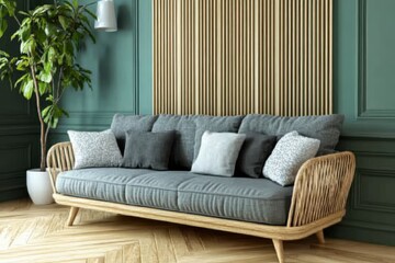 Minimalist living room with a grey sofa and wooden wall panels, set against a green background.