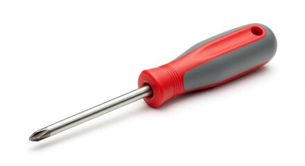 Photorealistic screwdriver, red and gray handle, flat head tip, precision tool, product photography, white background, clean lines, detailed texture, professional
