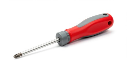 Fototapeta premium Photorealistic screwdriver, red and gray handle, flat head tip, precision tool, product photography, white background, clean lines, detailed texture, professional