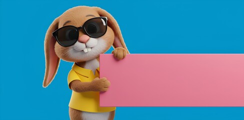Fototapeta premium A 3D Easter bunny holding a flat pink banner in his paws with space for text, concept marketing, and ads banner for easter