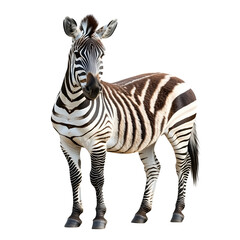 Fototapeta premium Zebra standing on a white background, isolated photograph of a zebra in a natural pose, high-quality photo. 