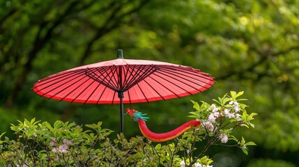 Red Umbrella Decorated With Dragon In Garden