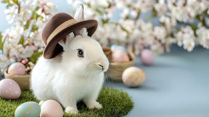 A white rabbit wearing a brown hat is standing on a green grassy area. generated using AI