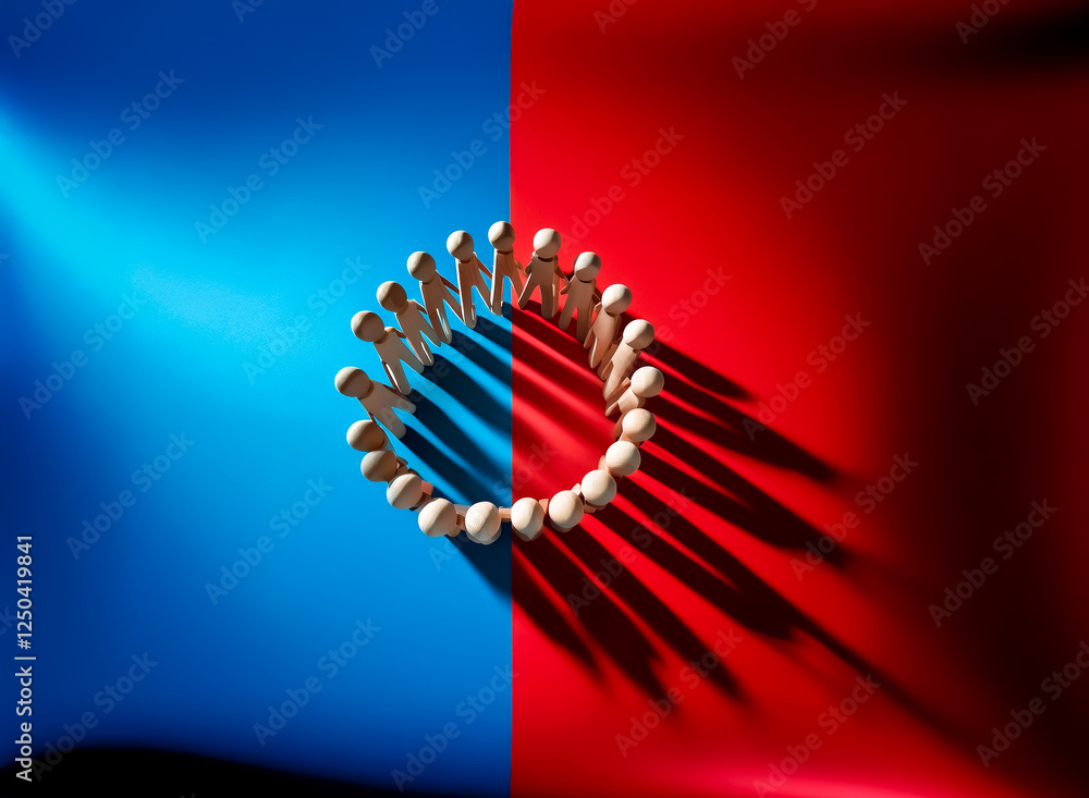 Poster circle of wooden figures forming a ring on a background split into blue and red, casting shadows. sy