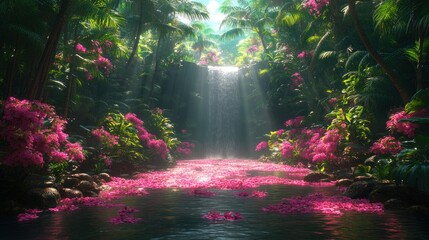 Obraz premium Enchanted tropical waterfall cascading through pink flowers paradise