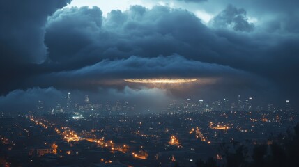 A colossal UFO hidden in dense clouds, partially visible over Los Angeles at night with glowing street lights beneath