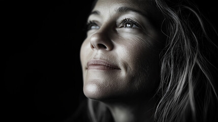 Fototapeta premium The woman gazing upwards with a soft smile, her face illuminated by the first rays of the sun.