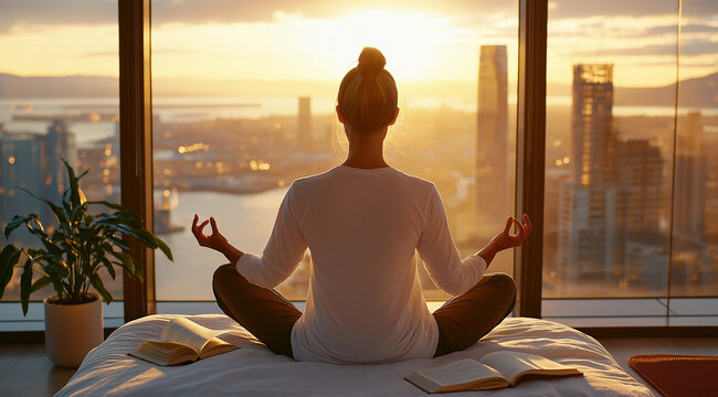 woman meditating in the lotus position on her bed, skyscraper window view, modern apartment interior, golden hour light, city lights outside the windows, peaceful and serene atmosp