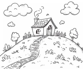 Cute, simple cartoon-style landscape with a house on a hill, a coloring page for kids. Black and white, with no shading or grayscale, only thick lines. Vector design, high resolution, high quality, wh