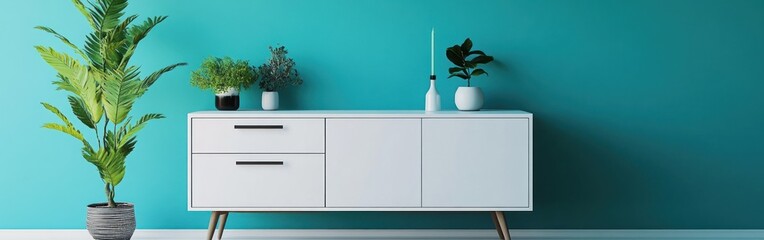 Teal wall living room with white cabinet and plants