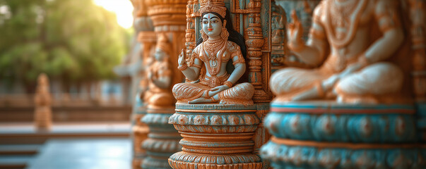 Fototapeta premium Close-up of intricate carvings on the pillars at Meenakshi Temple, depicting Hindu gods and goddesses. The background is blurred to emphasize these details. Soft sunlight illuminat