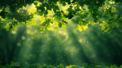 Sunlit leaves canopy, forest bokeh background, nature scene, website banner