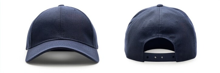 Navy Blue Baseball Cap, Front & Back Views, White Background, Mockup