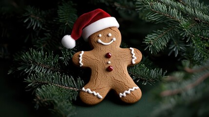 Gingerbread Man Cookie On Dark Background With Pine Branches