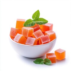 Colorful Fruit Candy Cubes in a White Bowl with Fresh Mint Leaves on a Bright Background