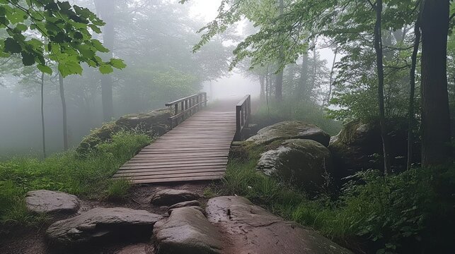 Misty forest path with wooden bridge - Powered by Adobe