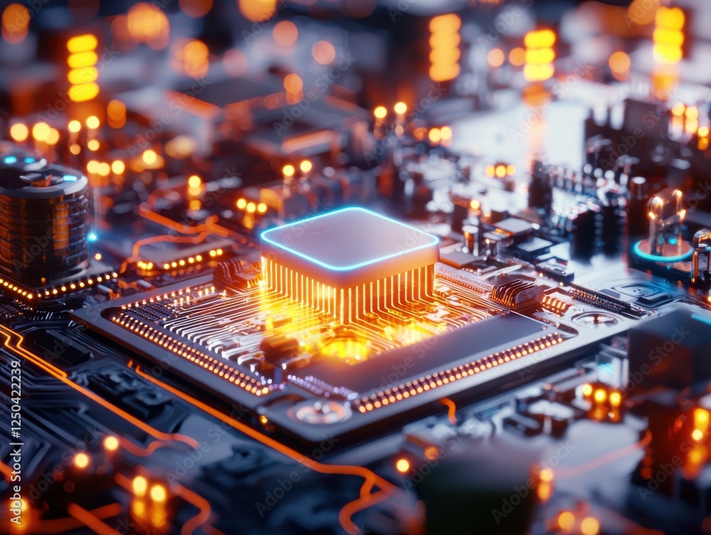 Poster close-up view of a highly detailed computer circuit board with glowing components showcasing advance