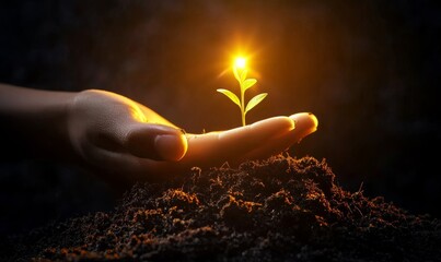 Hands Holding Small Plant Seedling Growing in Soil, Symbolizing Business Growth and Success, Concept of Nurturing and Sustainability with Warm Lighting, Close-up, 