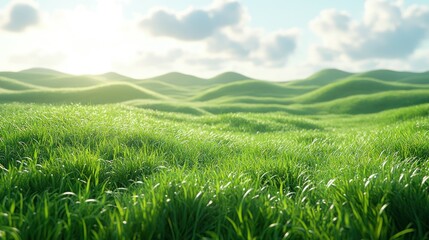 Obraz premium Sunlit rolling green hills landscape, idyllic pastoral scene, nature background, for travel brochure