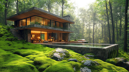 Naklejka premium Modern house with pool in misty forest, ideal for architecture or lifestyle ads