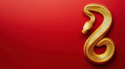Fototapeta premium golden snake, year of the snake, solid red background, copy space