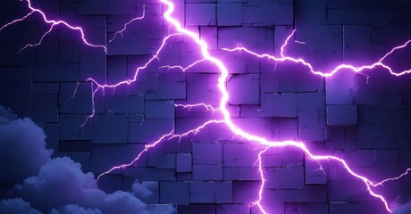 Electric arcs of neon purple crackling across a dark sky, creating a striking contrast against the textured surface, illuminated by intense flashes of light