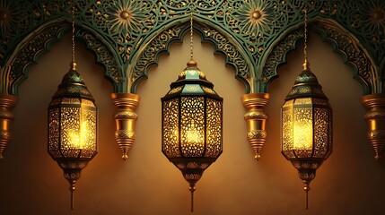 Islamic Geometric Patterns with Ornate Golden Lanterns and Intricate Mandala Designs