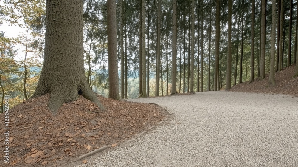 Poster a serene forest path winding through tall trees in a tranquil setting.
