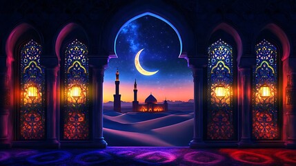 Islamic Ornate Archway with Crescent Moon Over a Starry Desert Landscape