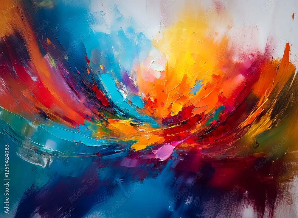 Poster abstract artwork featuring a dynamic display of swirling and splashing brushstrokes. vivid colors li