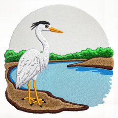 Fototapeta premium Heron standing by calm water with greenery background