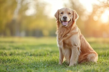 Obraz premium Happy Golden Retriever sitting against a white background, cutout and isolated, captured with natural lighting in an ultra-wide angle.