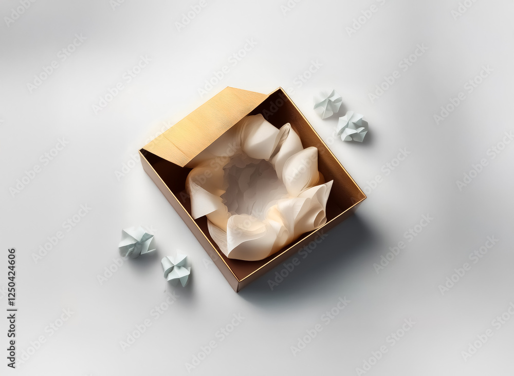 Poster brown square box open with crumpled white tissue inside, and scattered pieces around it on a white s