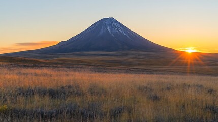 Fototapeta premium Sunrise over Snowy Volcano in Field