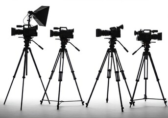 Professional camera equipment, silhouettes, tripods, video cameras, DSLR cameras, photography gear, black and white, minimalist design, technical
