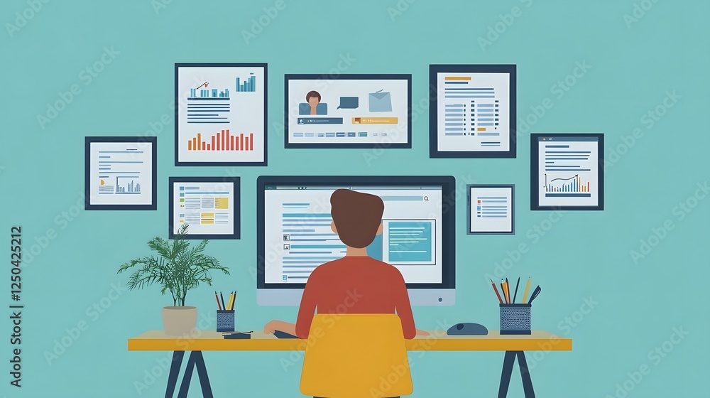 Aufkleber A professional man working on analyzing data and visualizing reports using multiple screens and digital tools in a well organized and decorated home office or remote workspace